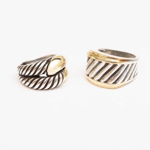 Two David Yurman Sterling Silver and 14k Gold Rings