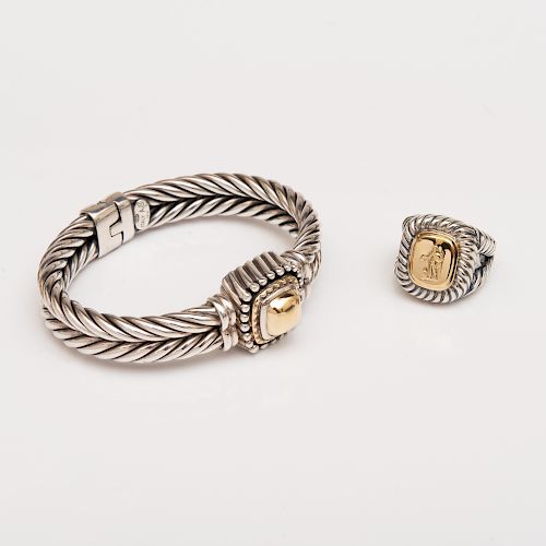 Italian Sterling Silver and 18k Gold Intaglio Ring and a Similar Sterling Silver and 18k Gold Bangle Bracelet