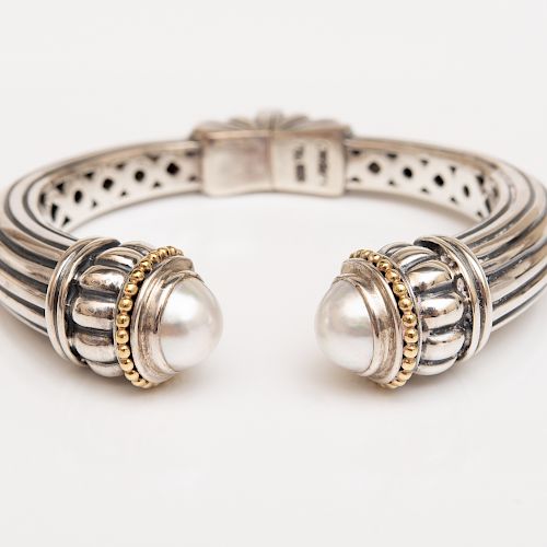 Caviar Sterling Silver, 18k Gold and Pearl Bangle