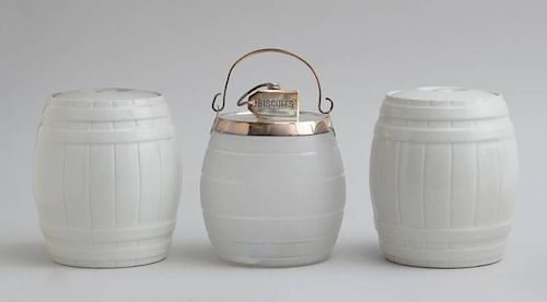 PAIR OF AMERICAN IVORY-GLAZED POTTERY BARREL-FORM BISCUIT JARS AND COVERS