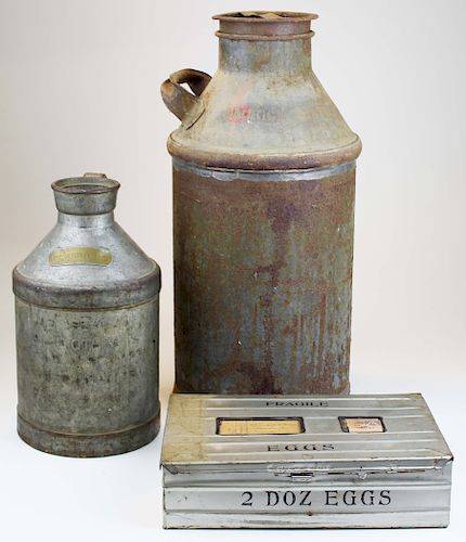 2 antique T, Quebec steel cream pails, egg box