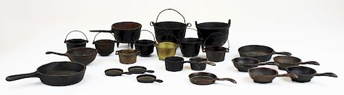 old miniature cast iron, brass pots, frying pans