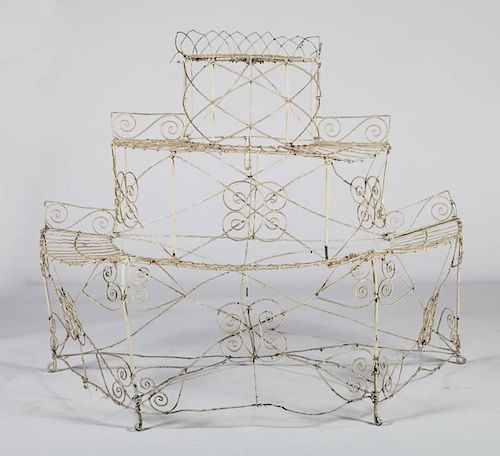 WHITE-PAINTED WIRE THREE-TIER PLANT STAND