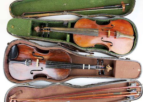 two old violins, bows, & cases