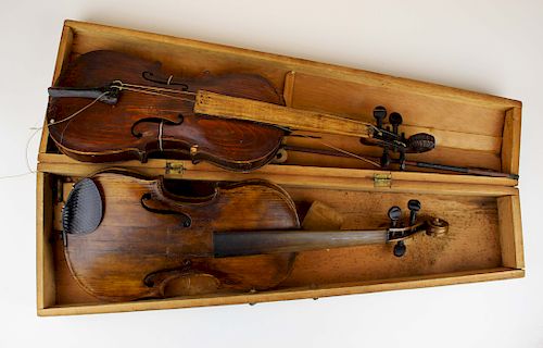 two old violins, bow, & case