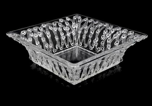 Lalique Rose and Vine Square Bowl Height 3 x width 9 1/2 x depth 9 1/2 inches