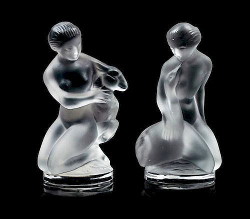 A Pair of Lalique Frosted Glass Figures Height 4 1/2 inches.