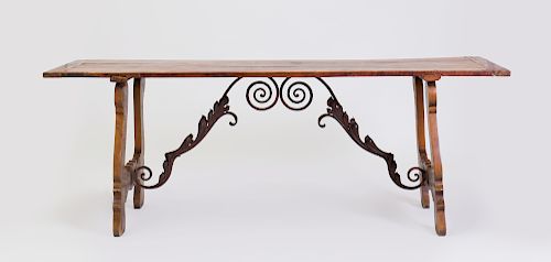 Spanish Baroque Style Elm and Metal Trestle Table