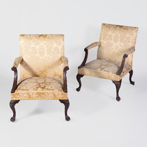 Pair of George III Style Carved Mahogany Library Armchairs
