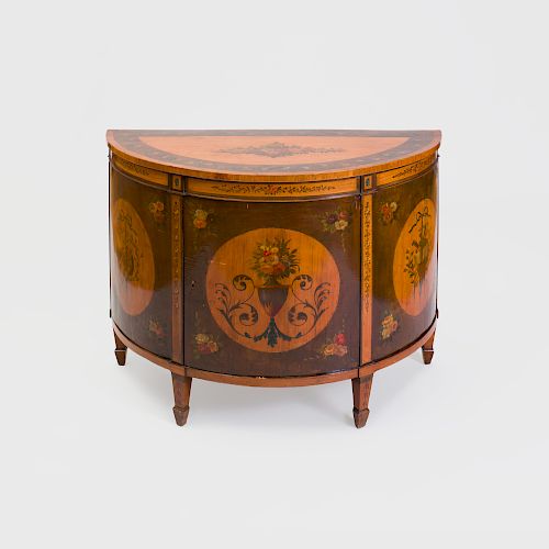 George III Polychrome-Decorated Satinwood and Mahogany D-Shaped Commode