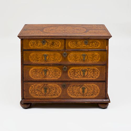 William and Mary Walnut and Fruitwood Seaweed Marquetry Chest of Drawers