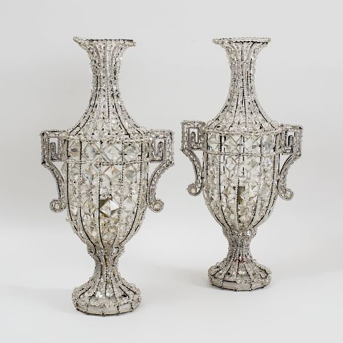 Pair of Italian Cut and Beaded Glass Urn Form Lamps