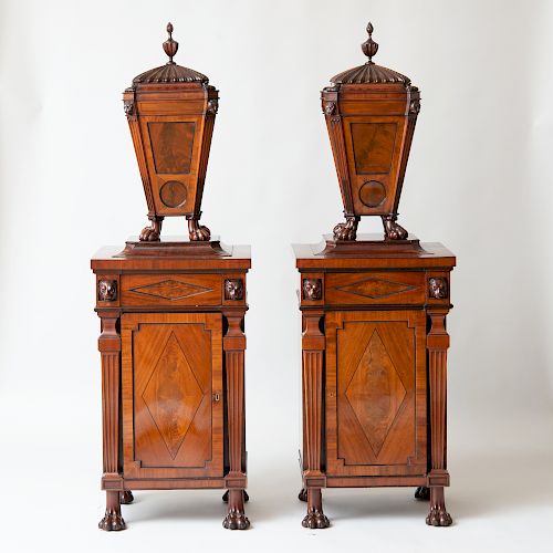 Fine Pair of Regency Carved and Inlaid Mahogany Knife Urns on Pedestals