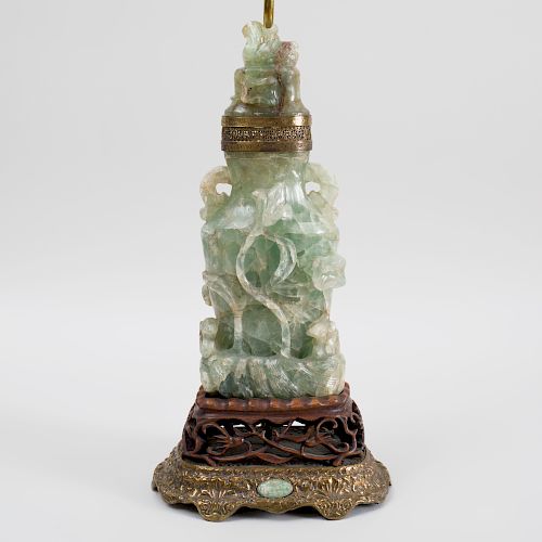 Chinese Carved Flourite Vase and Cover Mounted as a Lamp