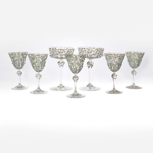 Set of Eleven Venetian Glass Stemmed Wines and Two Matching  Tazzas