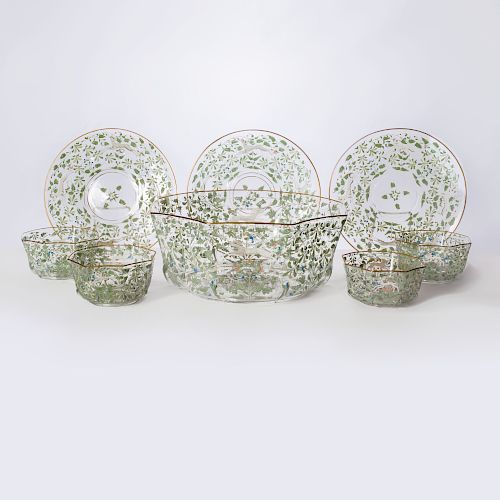 Group of Twelve Venetian Glass Finger Bowls and Twelve Circular Stands and a Matching Small Fruit Bowl