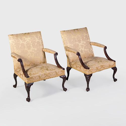 Pair of George III Style Carved Mahogany Library Armchairs