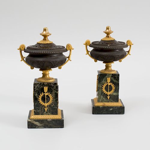 Pair of Empire Ormolu Mounted Bronze Brûle Parfums on Verde Antico Marble Pedestals