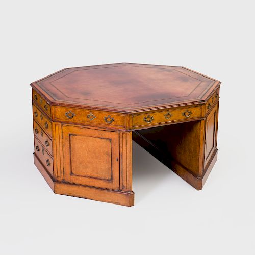 Victorian Style Octagonal Leather-Inset Burl Walnut Partner's Desk