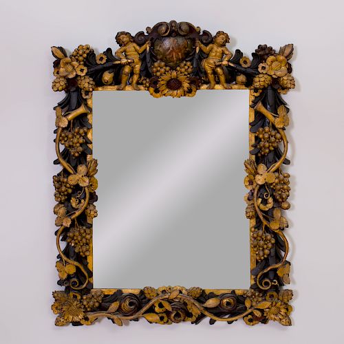 Unusual Dutch Baroque Painted, Ebonized and Parcel-Gilt Mirror