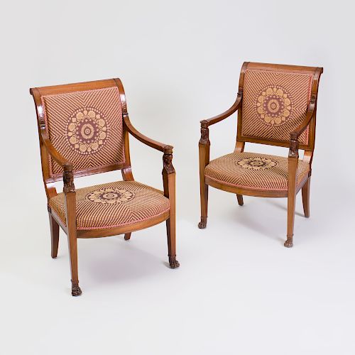 Pair of Empire Carved Mahogany Fauteuils à la Reine, In the Egyptian Taste, Stamped Demay