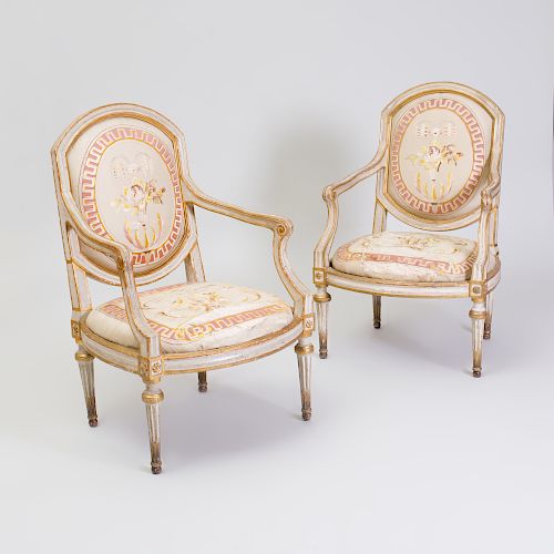 Pair of Italian Neoclassical Painted and Parcel-Gilt Armchairs