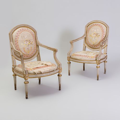Pair of Italian Neoclassical Painted and Parcel-Gilt Armchairs