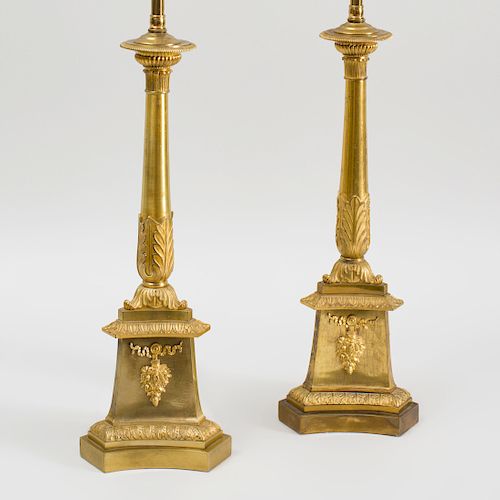 Pair of Regency Style Gilt-Bronze Columnar Form Candlestick Lamps