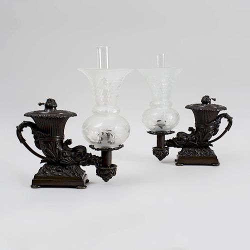 Pair of Regency Bronze Cornucopia Form Oil Lamps with Cut Glass Thistle Form Shades