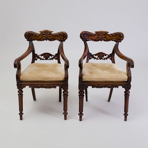 Pair of Chinese Export Carved Hardwood and Caned Armchairs, In The Regency Taste