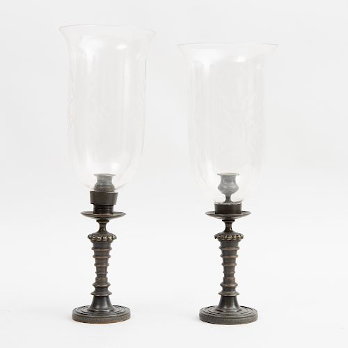 Pair of Bronze and Etched Glass Photophores