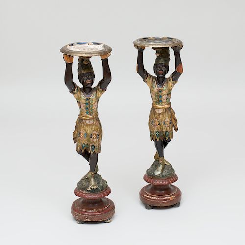 Pair of Venetian Rococo Style Painted and Parcel Gilt Blackamoor Pedestals