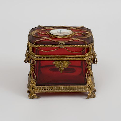 French Gilt-Metal-Mounted Ruby Glass Box