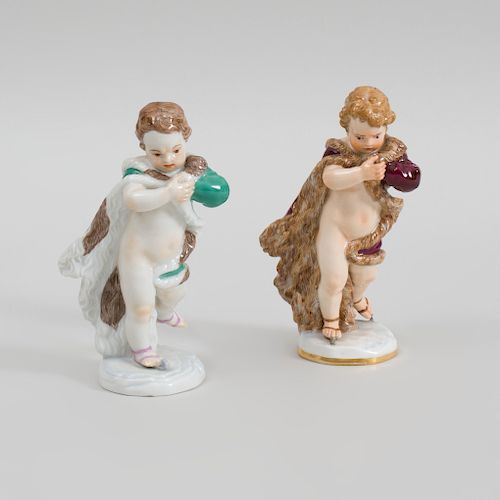 Two Similar Meissen Porcelain Figures of Putti Emblematic of Winter