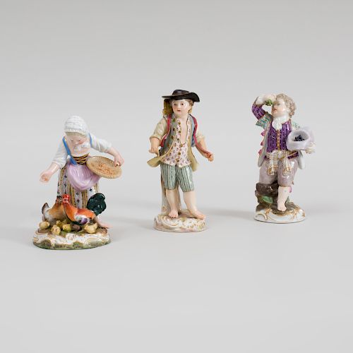 Three Meissen Porcelain Figures of Children Gathering Grapes and Feeding Chickens