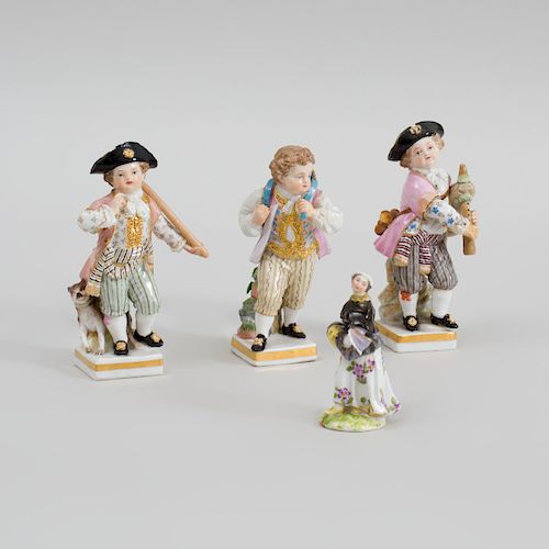 Three Meissen Porcelain Figures of Children and Another Miniature Figure with Muff