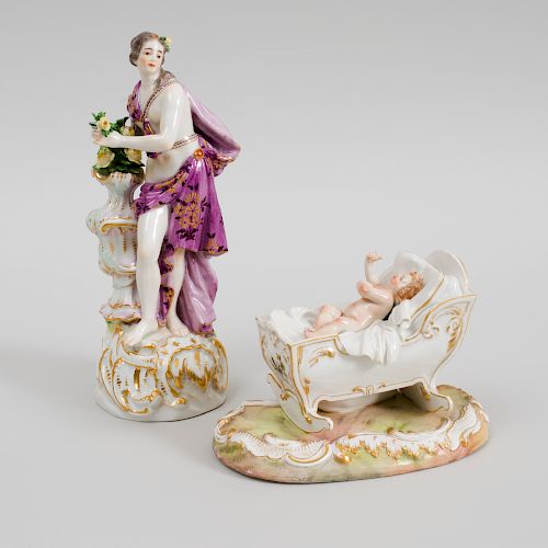 Meissen Porcelain Figure of a Maiden in a Purple Cloak and a Figure of a Baby in a Cradle