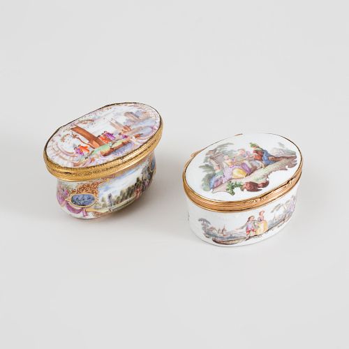 Two Meissen Gilt-Metal Mounted Porcelain Pictorial Snuff Boxes
