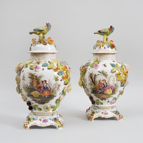 Pair of Dresden Porcelain Vases and Covers on Stands with Bird Finials