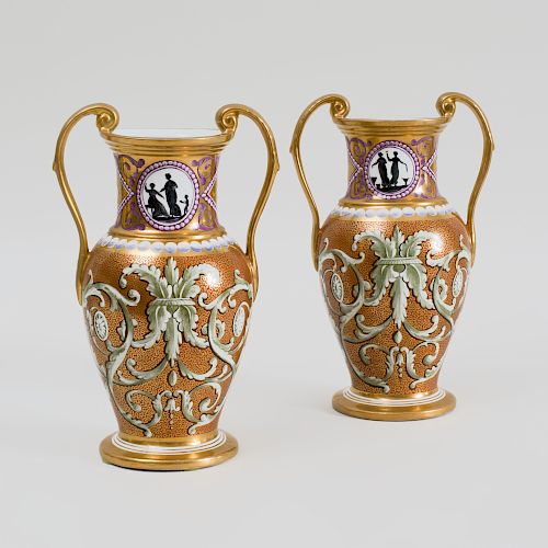 Pair of English Porcelain Two handled Vases, Possibly Coalport
