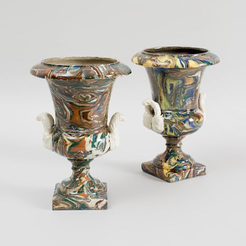 Pair of Agateware Glazed Pottery Campani Form Urns