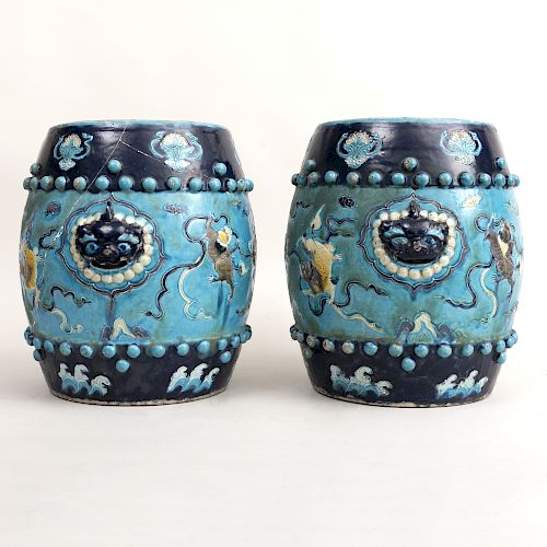 Pair of Chinese Turquoise Fahua Glazed Porcelain Garden Seats
