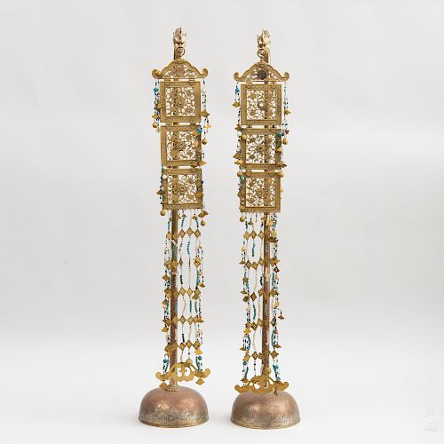 Pair of Chinese Brass and Hardstone Pendants on Stands