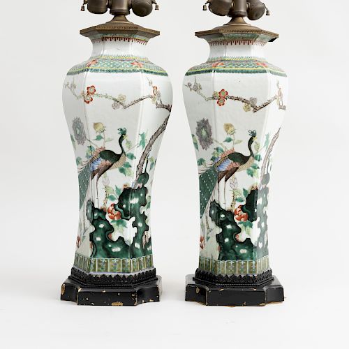 Pair of Chinese Famille Verte Porcelain Hexagonal Vases Mounted as Lamps