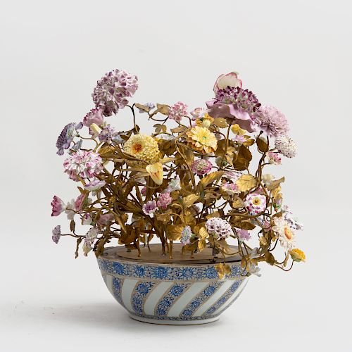 Chinese Export Porcelain Bowl for the Persian Market, Mounted with Tôle Branches and European Porcelain Flowers