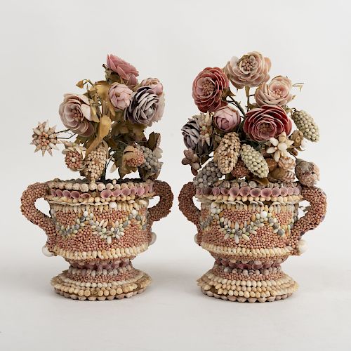 Pair of English Shell Decorated Flowers and Vases