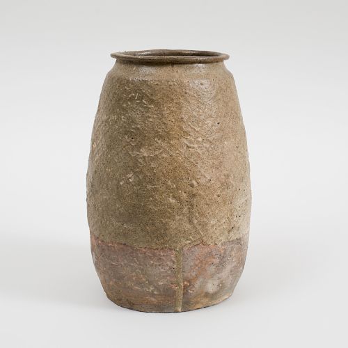 Partially Glazed Ovoid-Formed Pottery Vessel