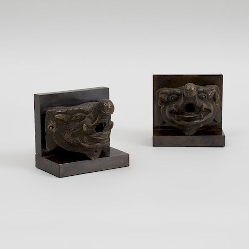 Pair of Tibetan Bronze Mounts Modeled as Makara Heads