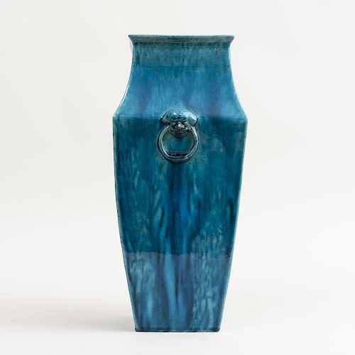 Chinese Turquoise Drip Glazed Faceted Baluster Vase with Molded Taotie Mask Handles