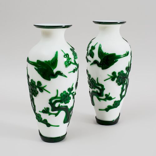 Pair of Chinese Green Overlay White Glass Baluster Vases